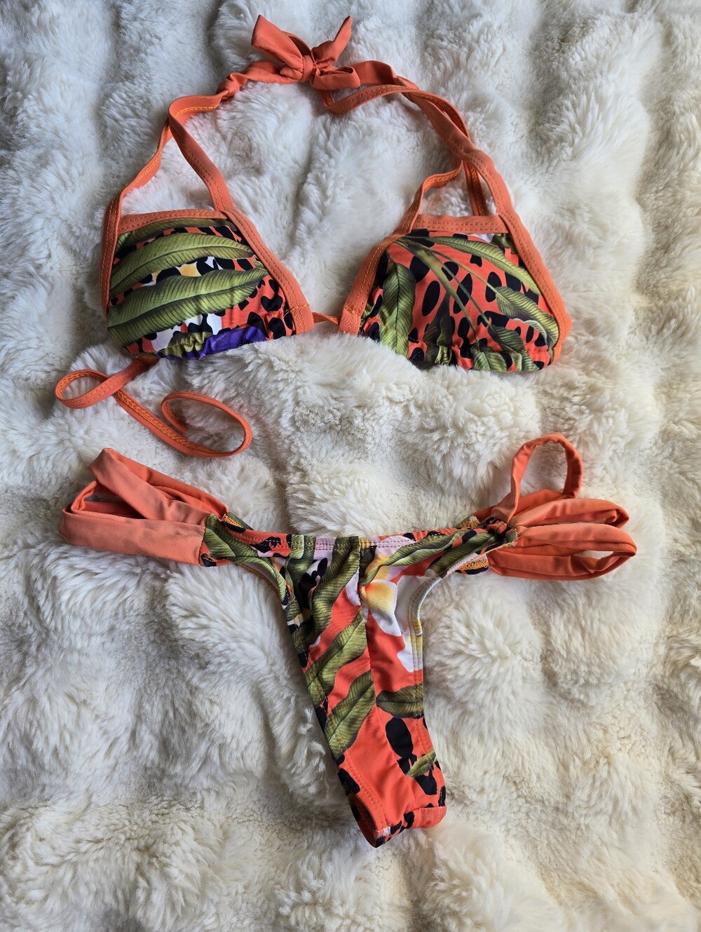 Tropical Coral Leaf Print String Bikini Top & Bottom